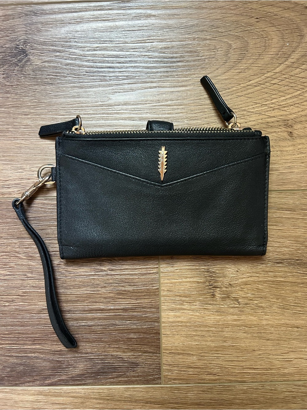 Thacker New York Genuine Leather Clutch Purse Black & Gold Wristlet Zip Closer - Picture 2 of 5